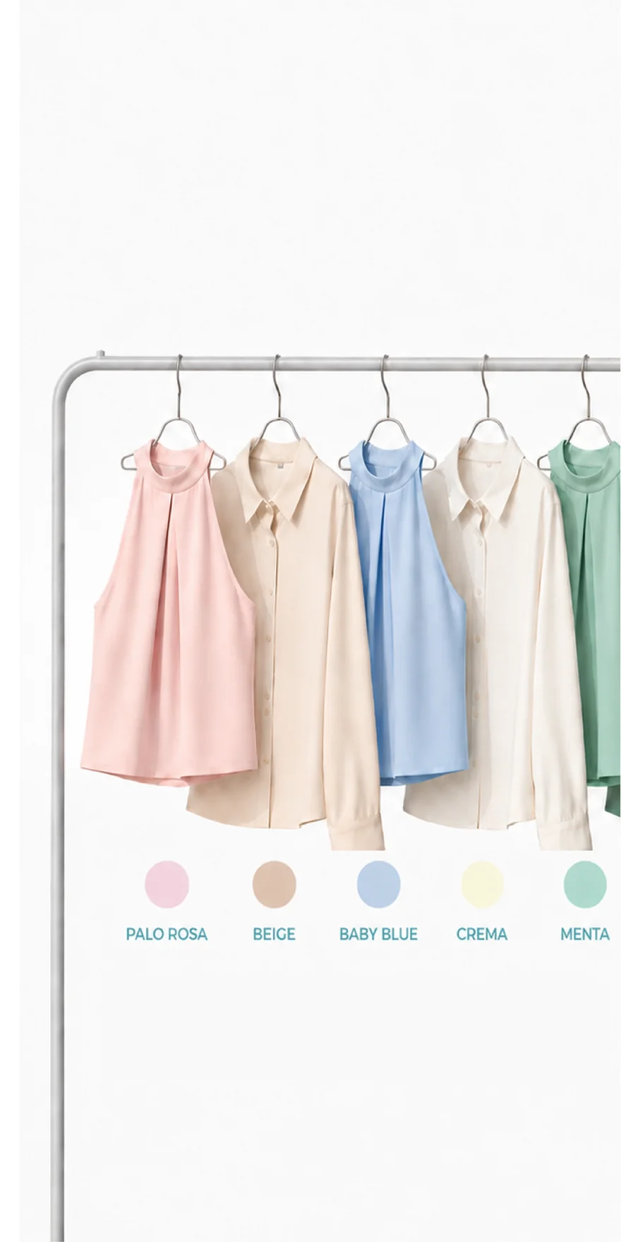 Blusas Sweet Harmony en percha: colores Palo Rosa, Beige, Baby Blue, Crema y Menta
