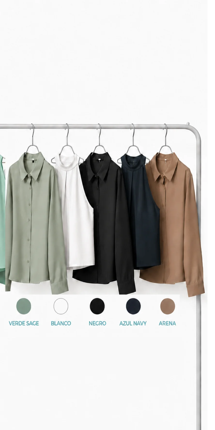 Blusas Sweet Harmony en percha: colores Verde Sage, Blanco, Negro, Azul Navy y Arena